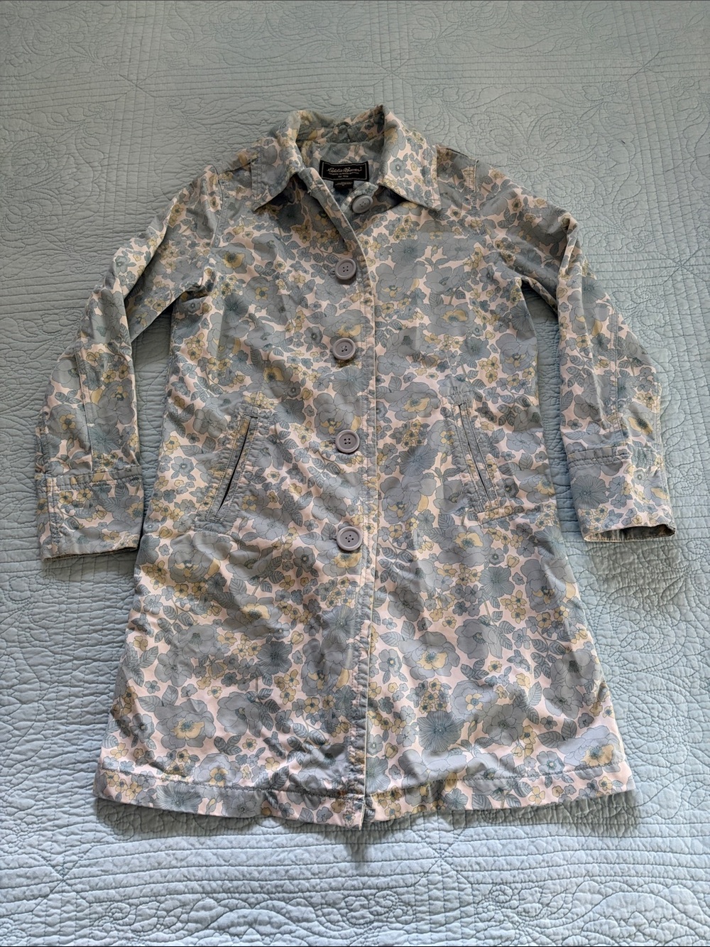 Eddie Bauer Floral Cotton Trench Coat - Light Blue & Cream